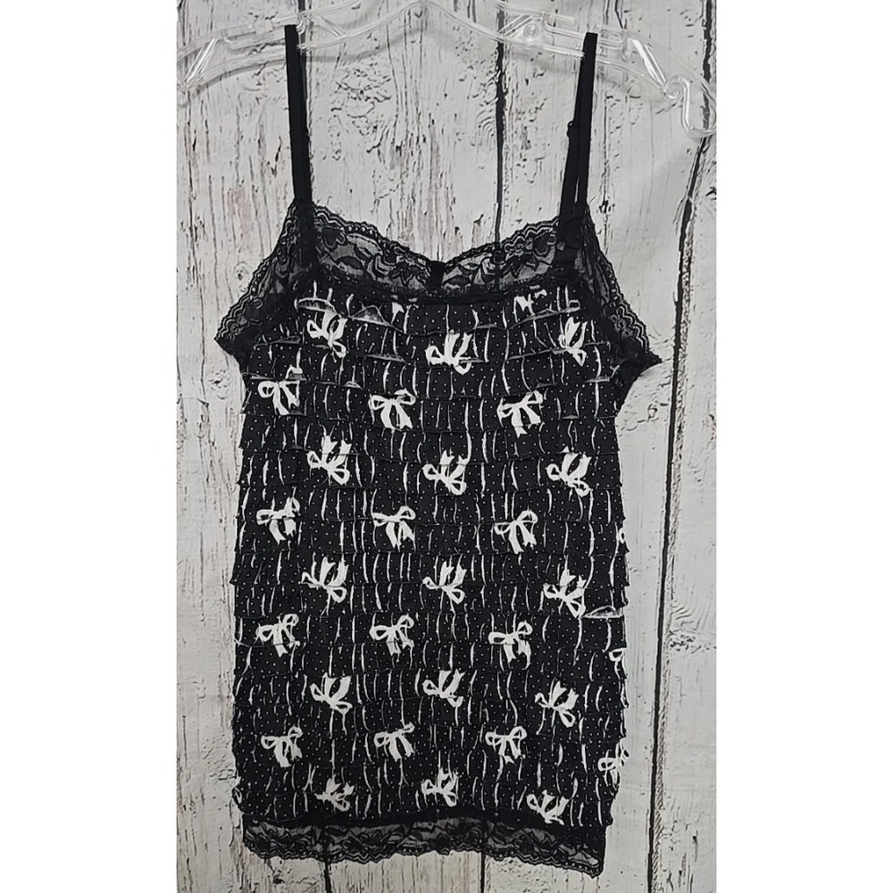 Maurices Women's M Black Lace Cami Tank Top Bow Print Smocked Coquette Y2K
